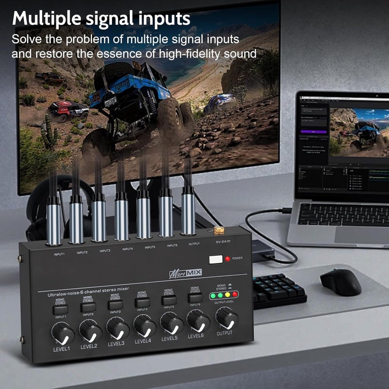 TKLBLS Line Mixer Audio mixer, 6-Channel Stereo Line Mixer, 6.35mm TRS/TS Output and Input Ultra Low Noise Mini Audio Mixer with Mono/Stereo Switch for Sub-Mixing - Image 4
